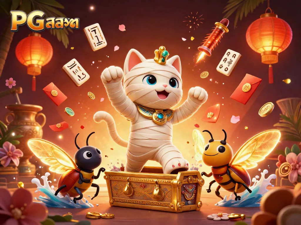 Engage in PG สล็อต with a vibrant 3D rendering depicting an Egyptian mummy cat in a thrilling casino scene.
