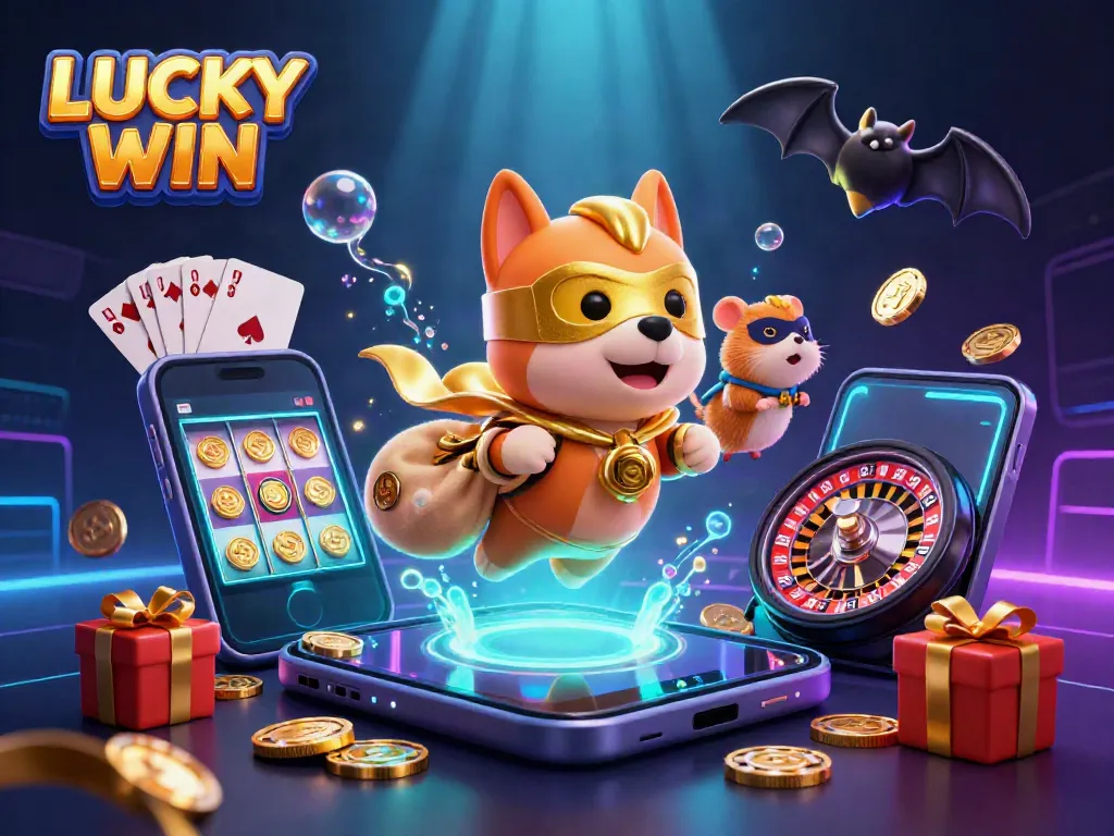 Engaging LUCKY WIN illustration with a superhero dog and hamster amidst dynamic casino elements.