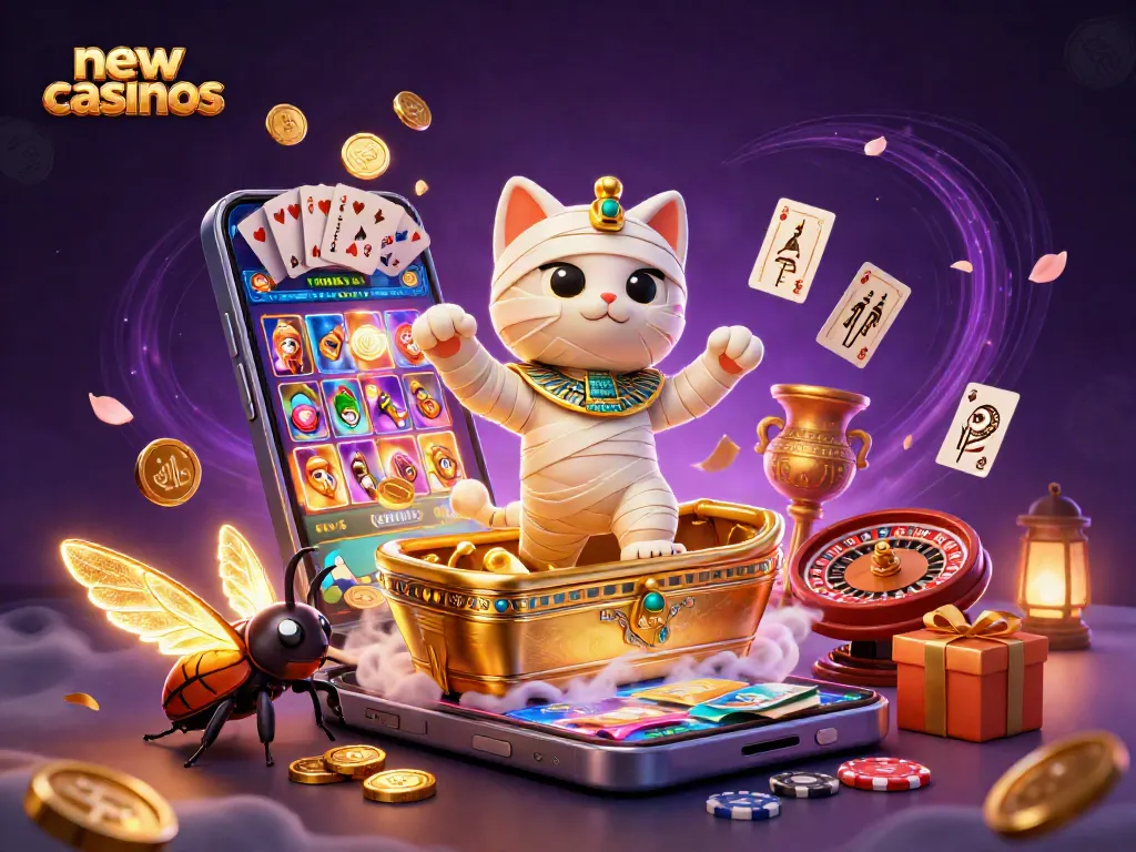 Play exciting new casinos featuring a mummy cat and a scarab beetle in a vibrant casino scene.