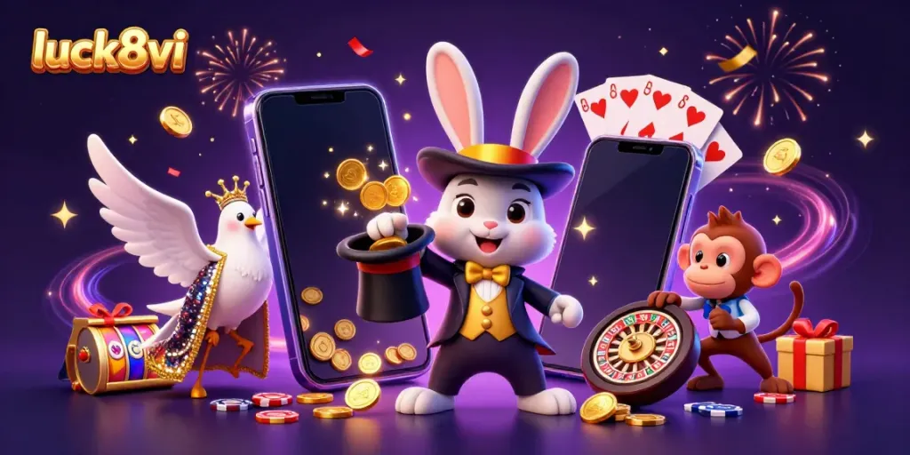 Engage in thrilling slot action with luck8vi as a magician rabbit harvests coins amidst festive casino vibes.