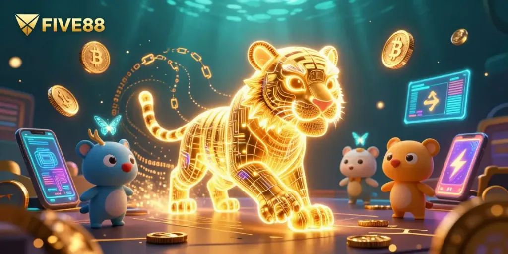 Experience the thrill of FIVE88 with a vibrant 3D casino scene packed with characters and action.