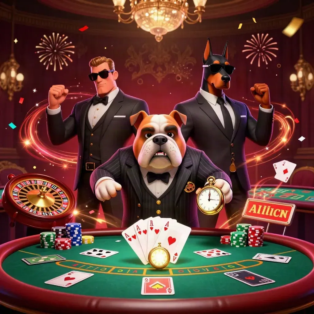 Bulldog mob boss and two Doberman guards at a glowing casino poker table
