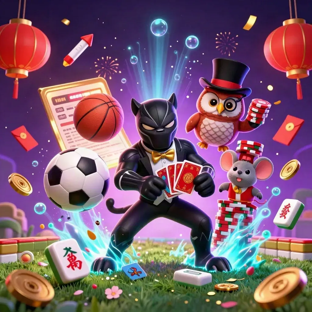 Tuxedo panther, owl and mouse amid neon casino sports chaos, glowing balls and lucky chips.