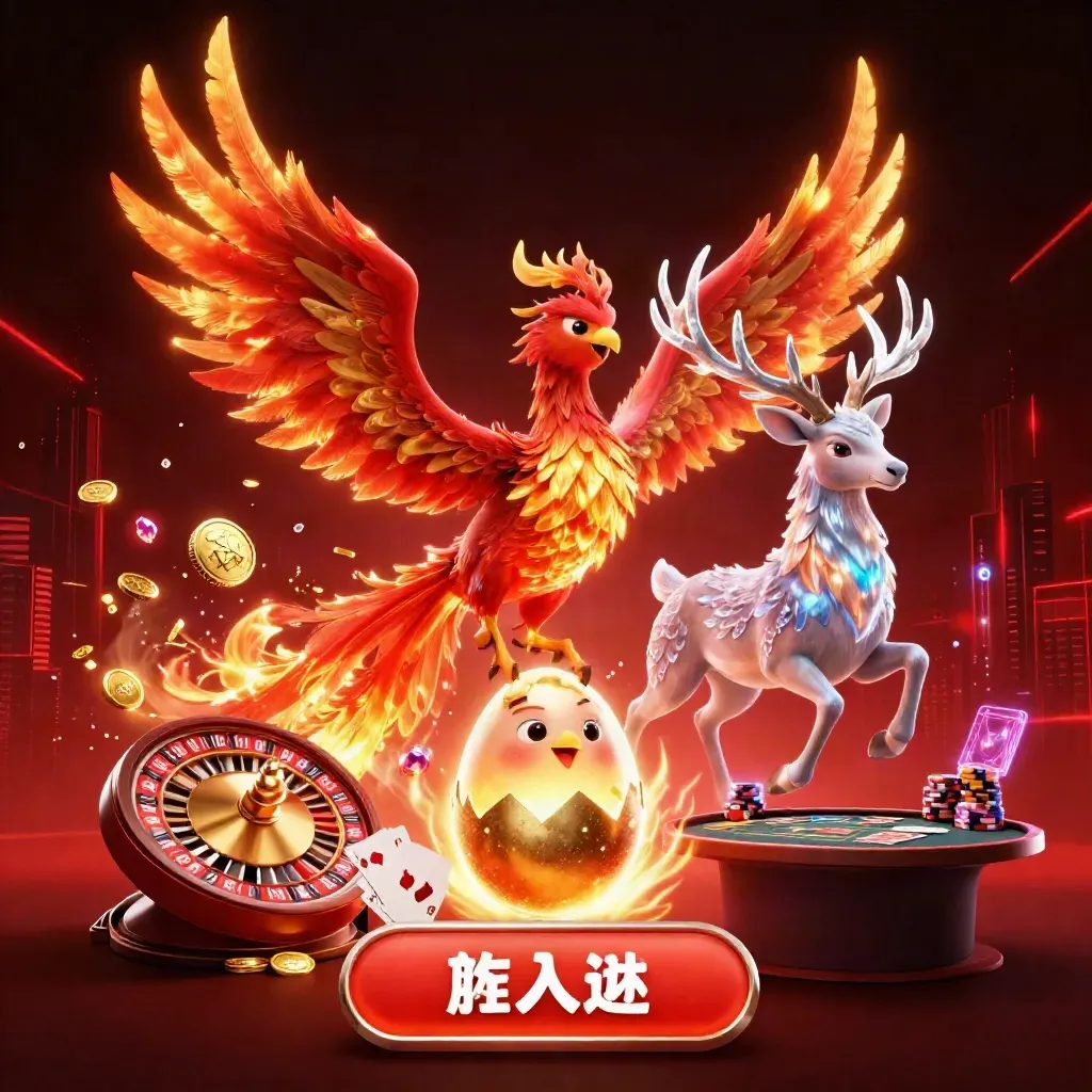 Fire phoenix, hatching baby phoenix, crystalline stag, casino lights, coins, roulette wheel, cards, chips