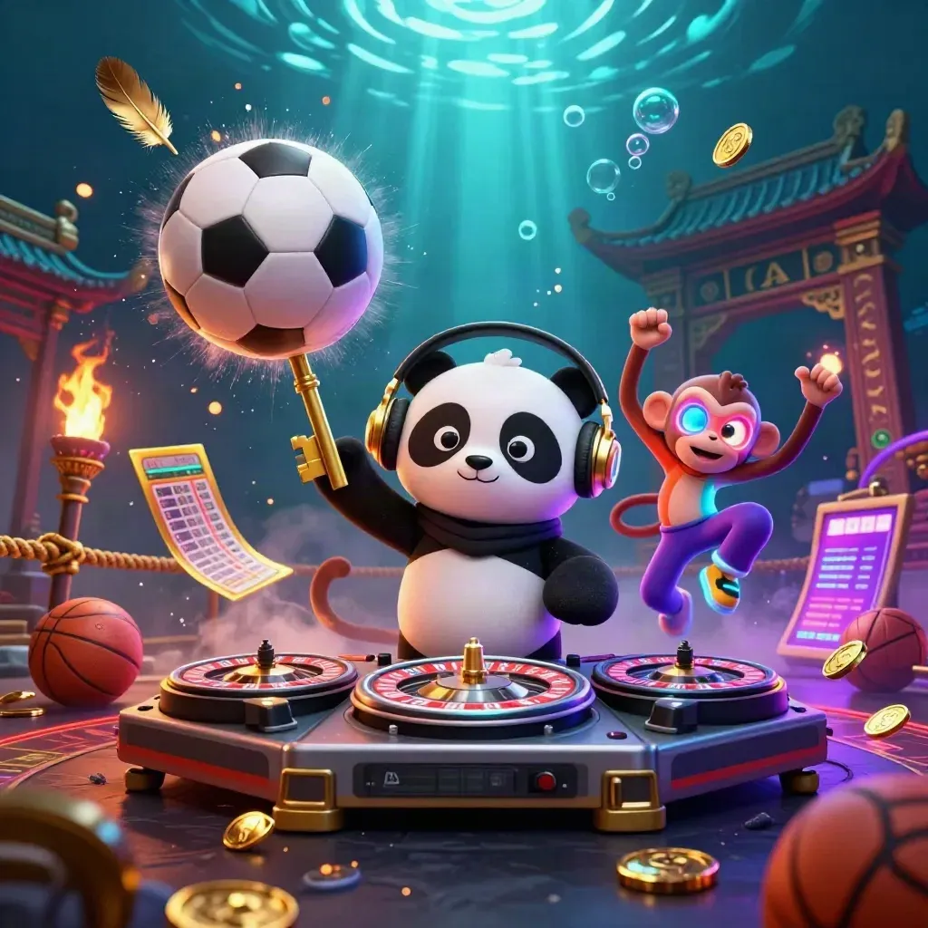 Panda DJ, monkey and glow-kitten whirl around a flying soccer ball in neon casino light.