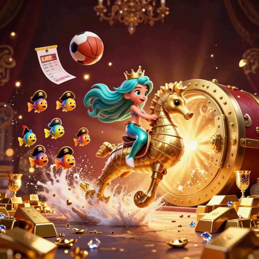 Mermaid princess on golden seahorse, pirate fish, vault burst, balls and gold in casino glow.