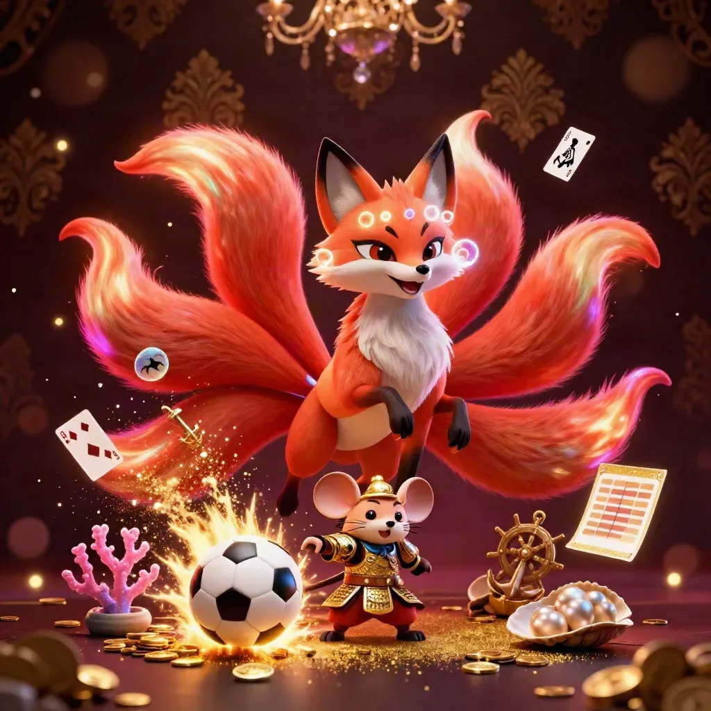 Neon fox spirit and armored mouse amid coins, cards, balls, and gold casino light.