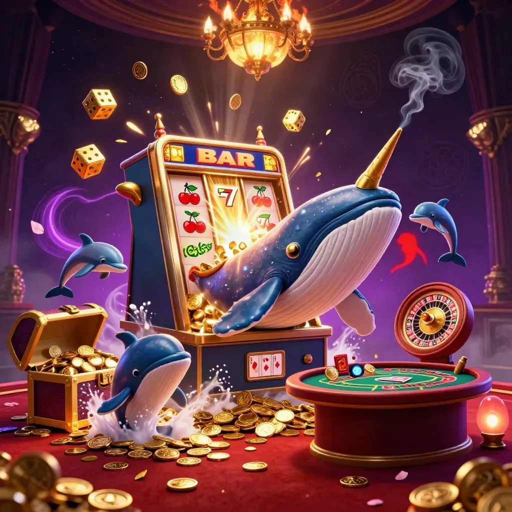 Whale, narwhal, dolphins, slot machine and casino glow in a luxe purple-black scene.