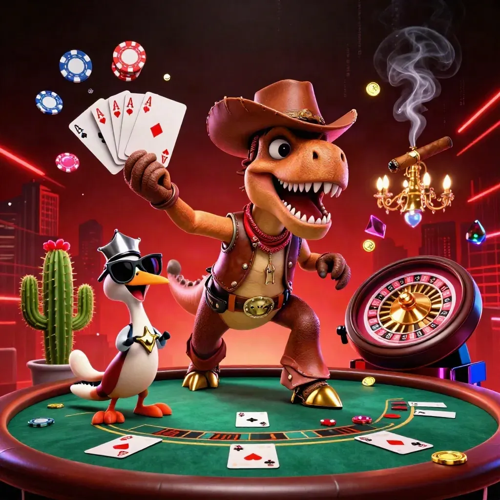 Cowboy T-Rex, cactus, and roadrunner in a luxe neon casino with chips, cards, and roulette