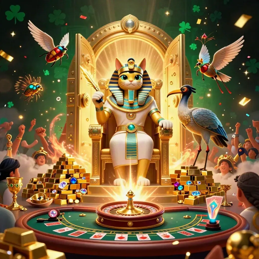 Pharaoh cat on a gold throne with ibis scribe, scarab wings, treasure, fireworks, and casino glow