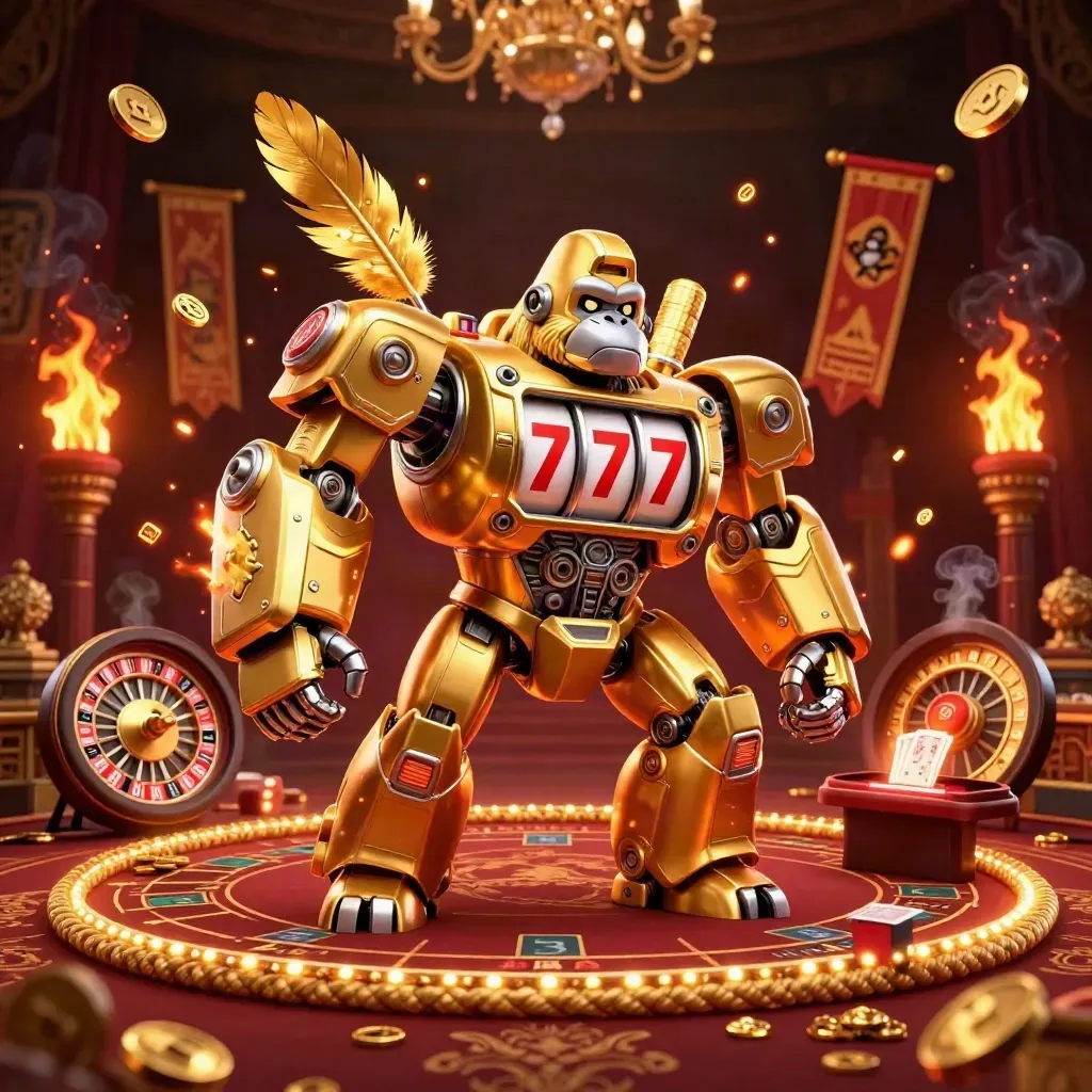Golden gorilla mech with tiny monkey pilot, casino lights, coins, temple gate, roulette glow