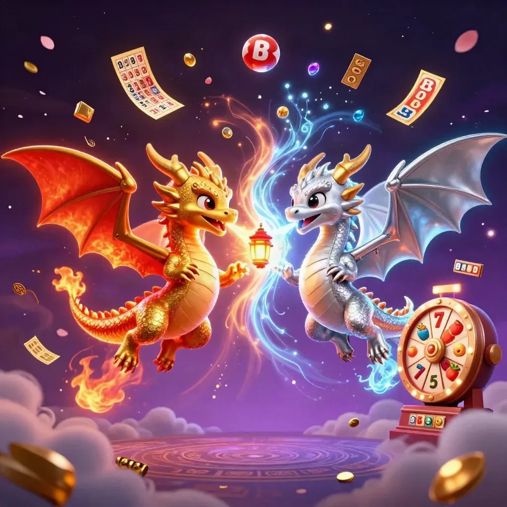 Twin gold and silver dragons form a yin-yang blast with casino treasures and neon glow.