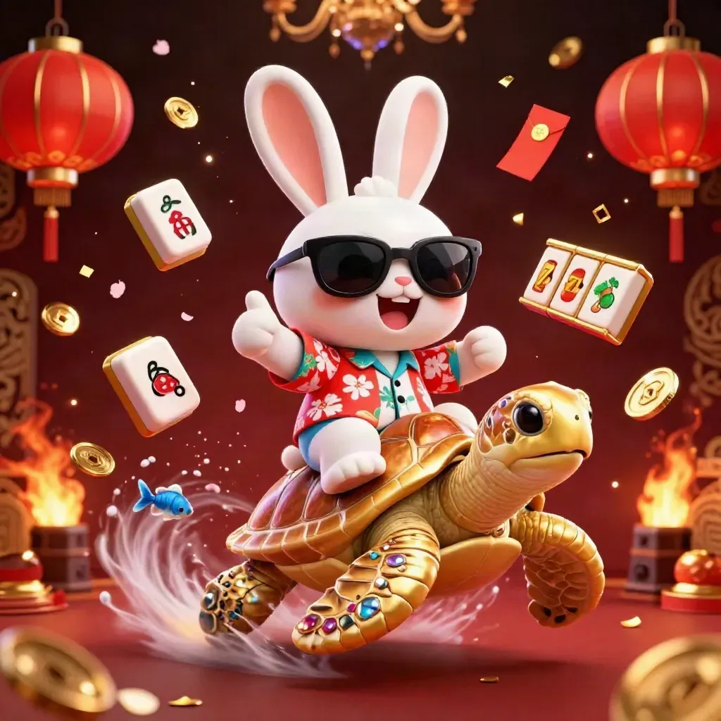 Lucky rabbit rides a gem-shell sea turtle amid casino treasure, lanterns, coins, and fireworks.