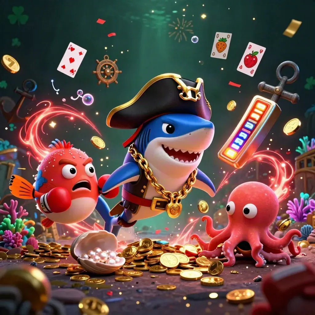 Pirate shark, boxing pufferfish, and coin-juggling octopus amid treasure and neon casino effects.
