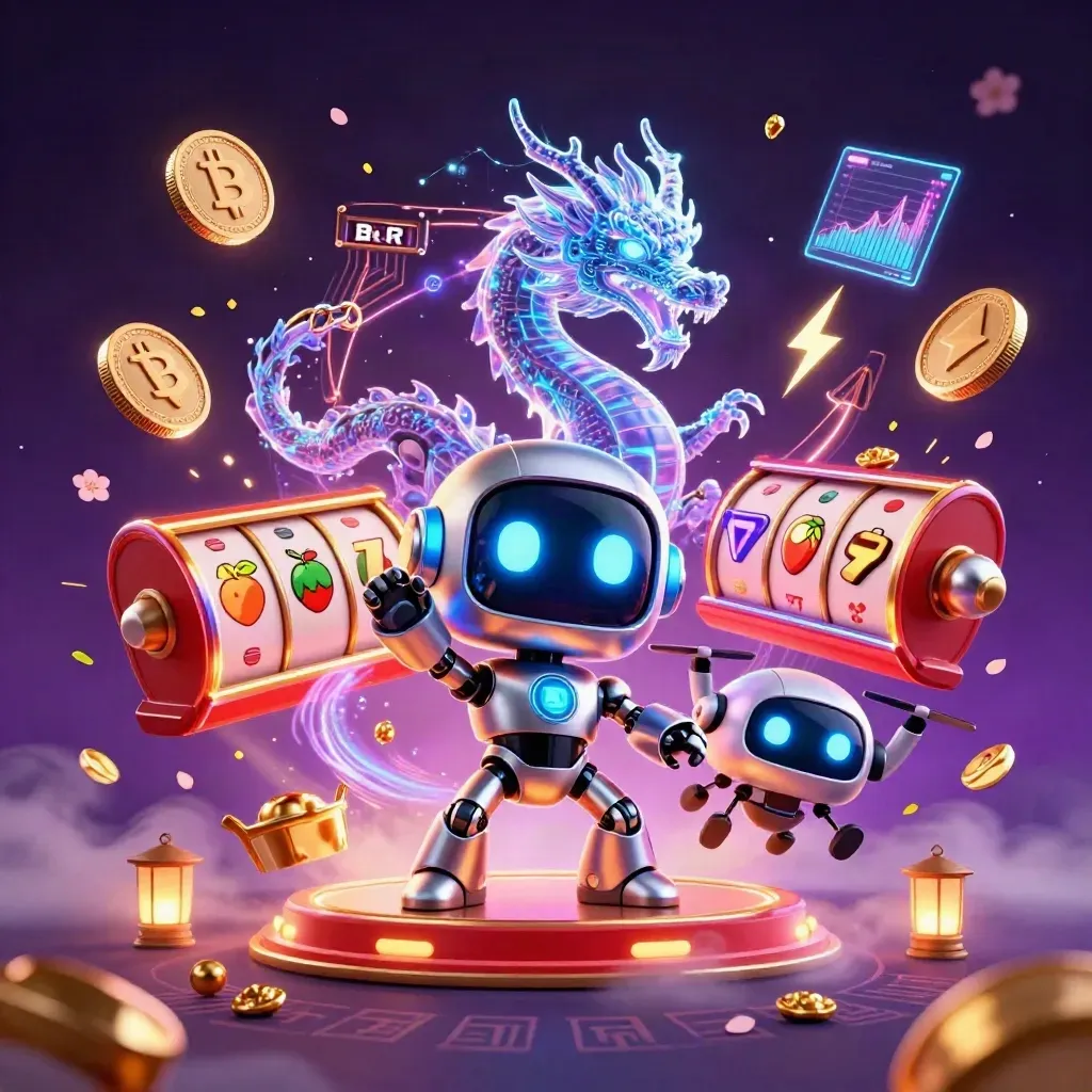 Cyberpunk robot, holographic dragon and coin drone amid casino loot, coins, lightning and glowing runes