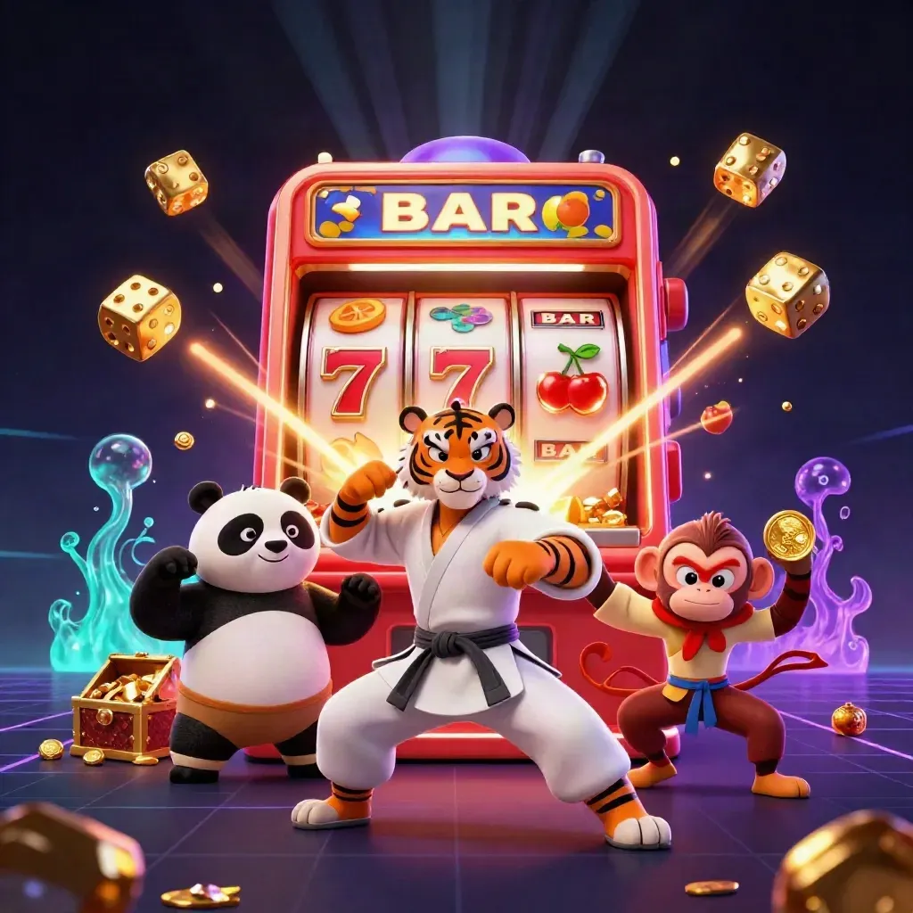 Kung-fu tiger, panda, and monkey amid exploding slot machine gold and gems in neon casino style.