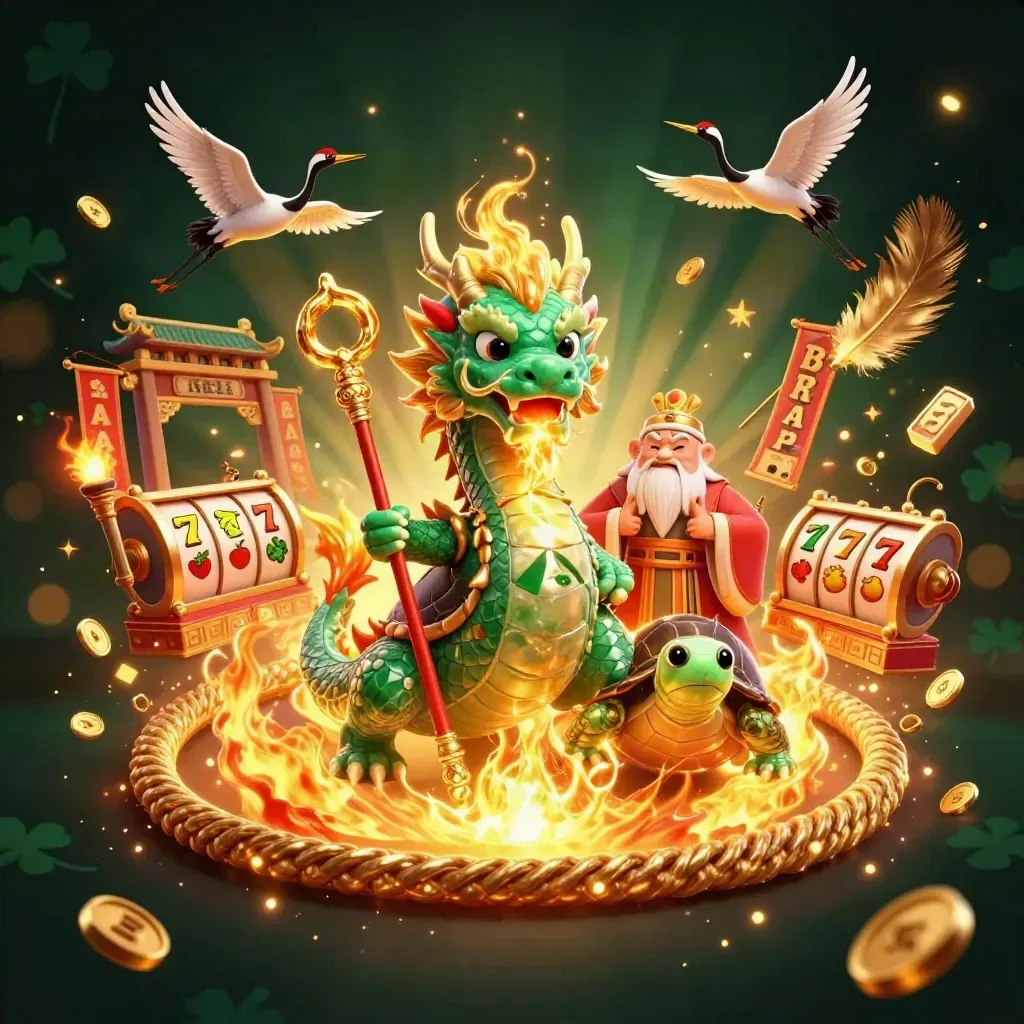 Emerald dragon, turtle sage, and cranes in a neon casino burst with gold fire and treasure.