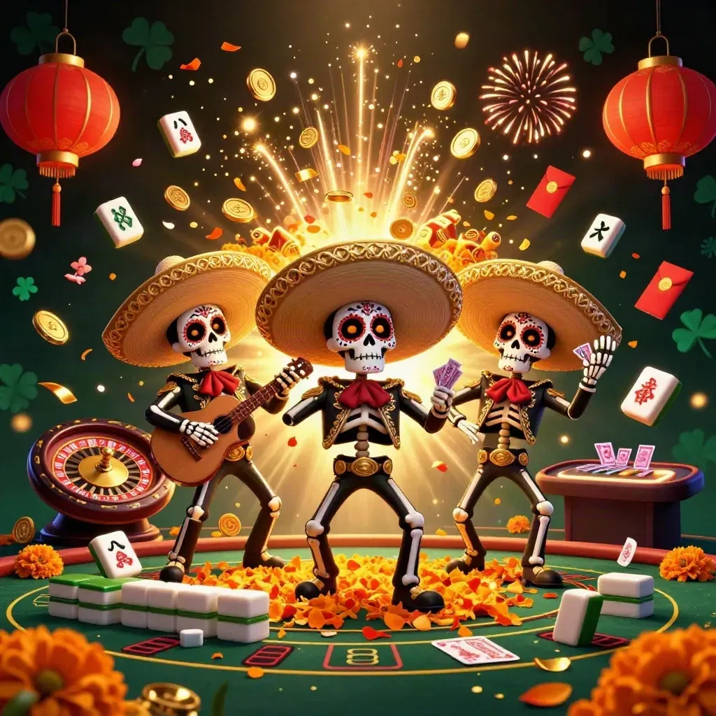 Skeleton mariachi trio amid casino riches, roulette, cards, lanterns, gold coins, fireworks, and glowing petals.