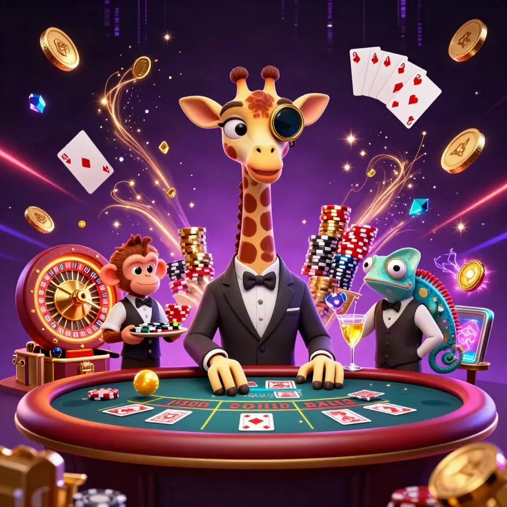 Giraffe high-roller, monkey valet, and chameleon bartender amid coins, chips, roulette, and fireworks.