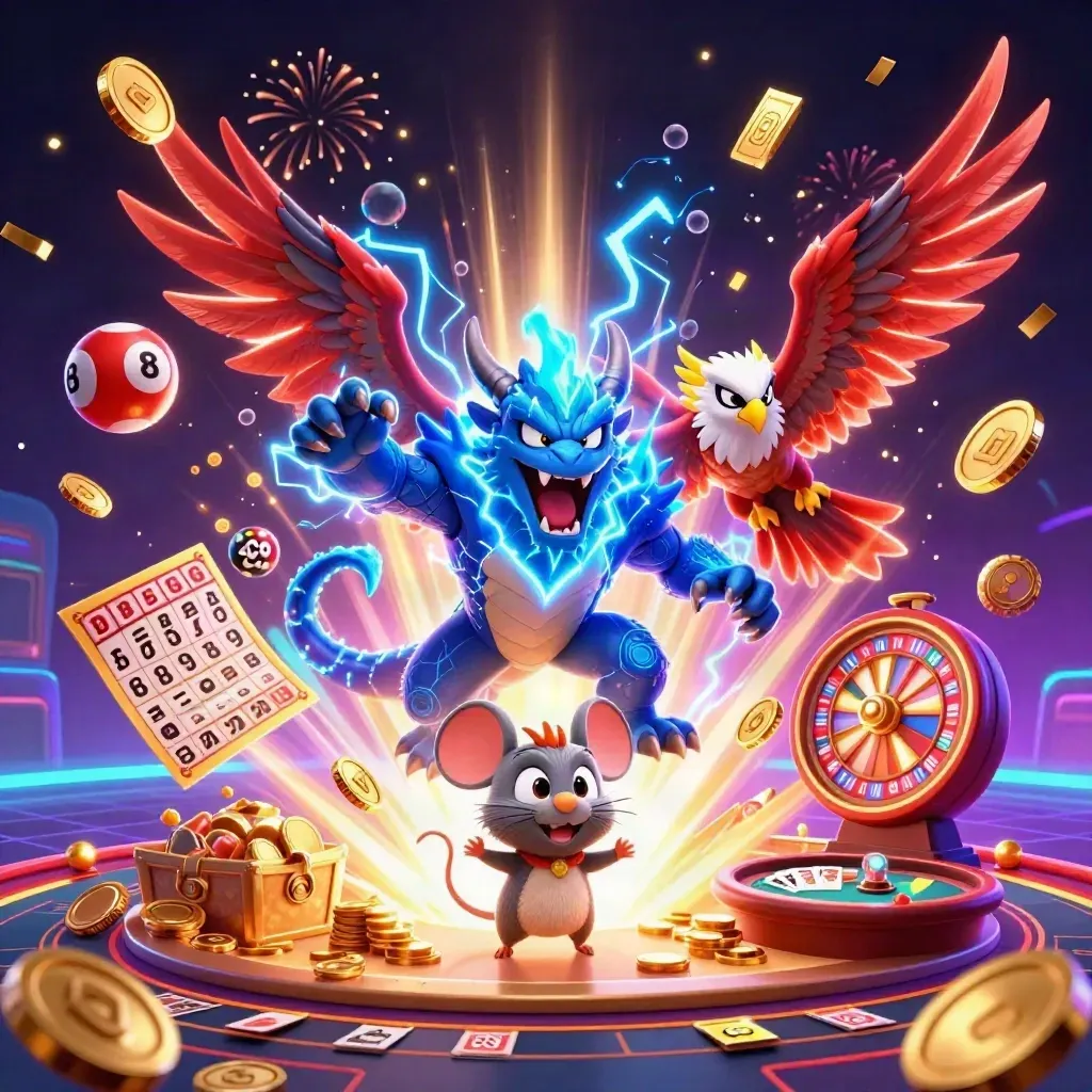 Dragon, hawk, and thunder-mouse in a neon casino jackpot burst with coins, wheels, and lightning