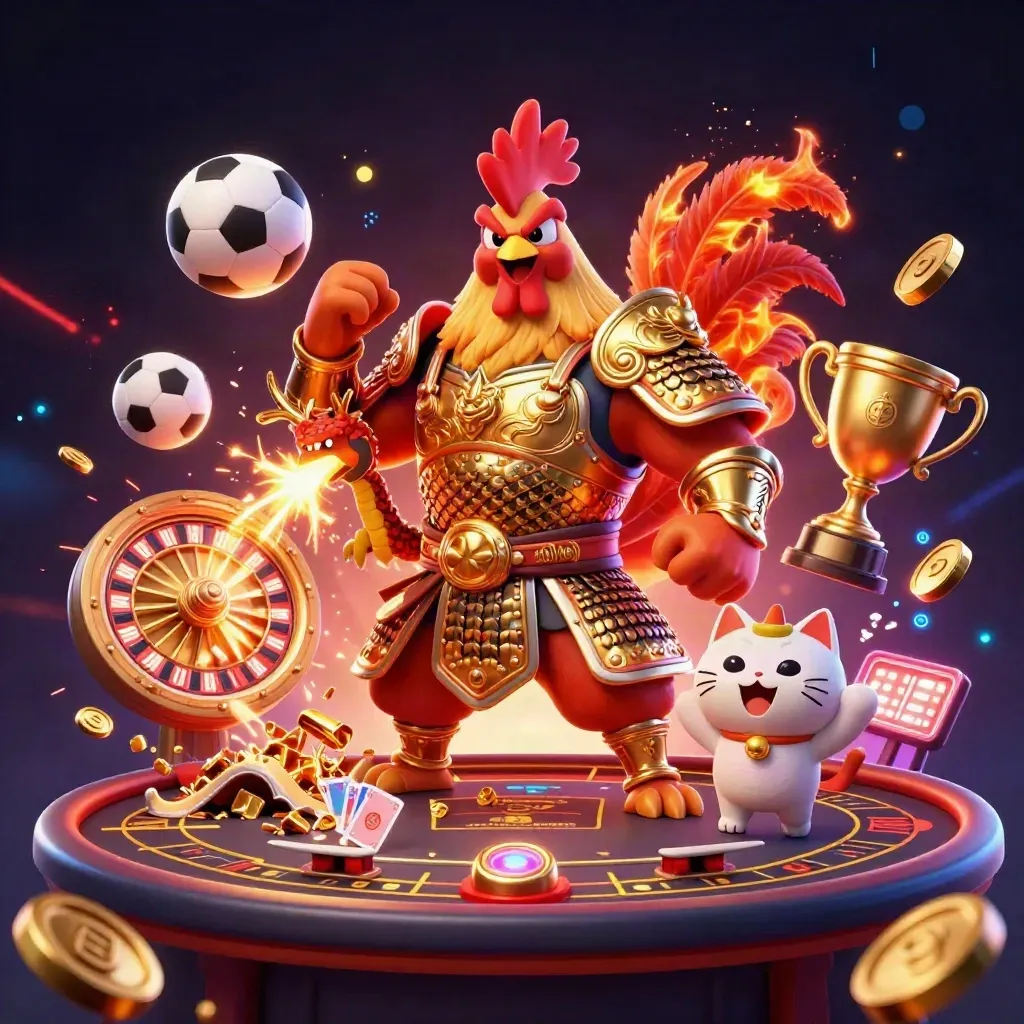 Rooster warrior, dragon hatchling, and fortune-cat amid casino wins, coins, fireworks, and glowing game props.