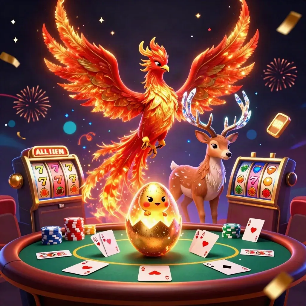 Fire phoenix, baby phoenix, and crystal stag amid casino chips, cards, reels, and glowing effects.