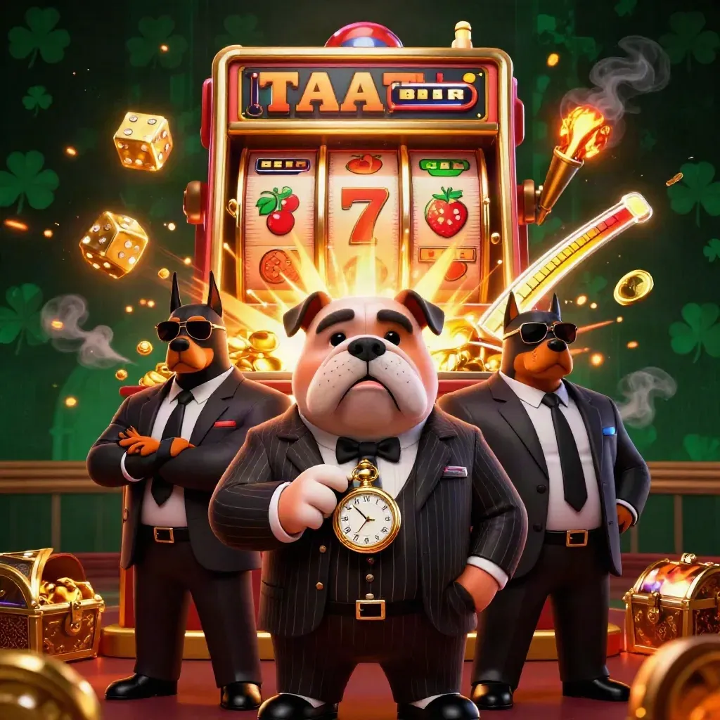Bulldog boss and two doberman guards amid exploding slot reels, gold, dice, and jackpot glow.