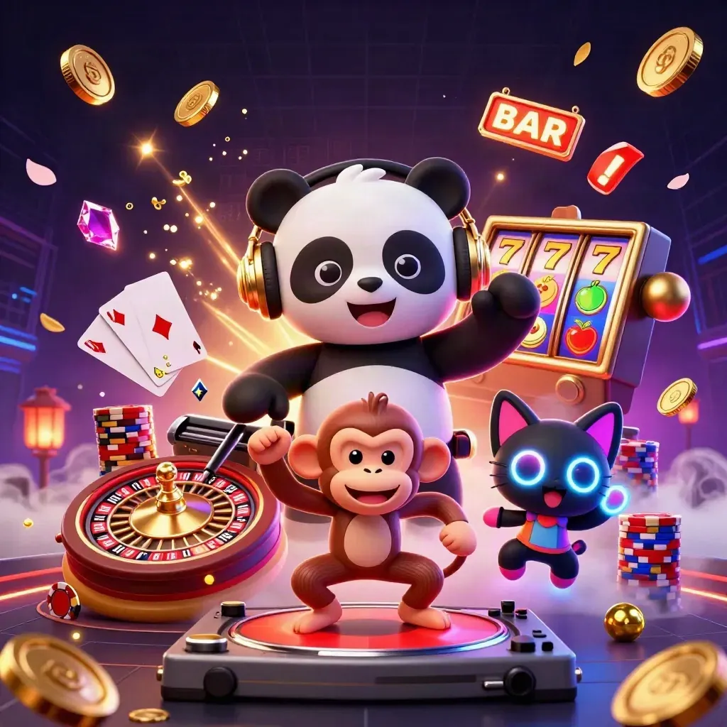 DJ panda, monkey, and glow kitten surrounded by casino reels, coins, chips, and neon effects