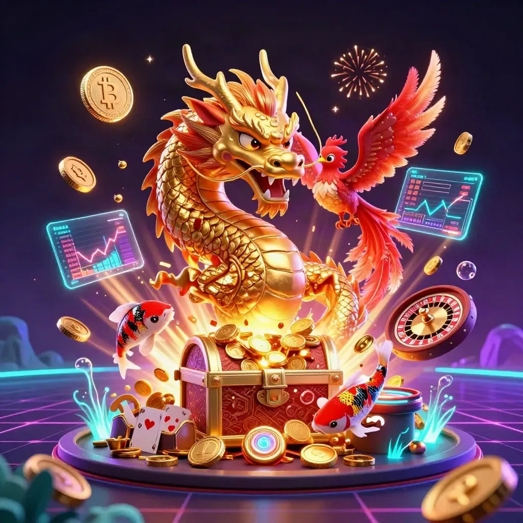 Golden dragon, phoenix, koi and casino symbols burst from a treasure chest in neon light.