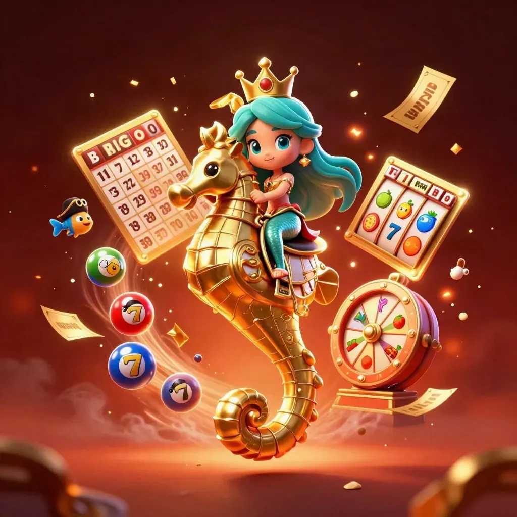 Mermaid princess on a golden seahorse amid casino reels, lottery balls, and glowing embers.
