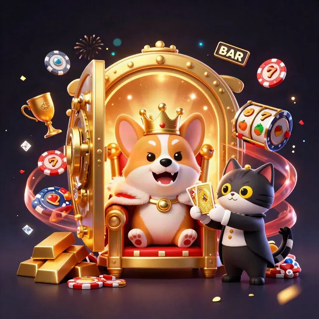 Royal corgi and cat butler amid vault, chips, gems, reels, confetti, and casino glow.