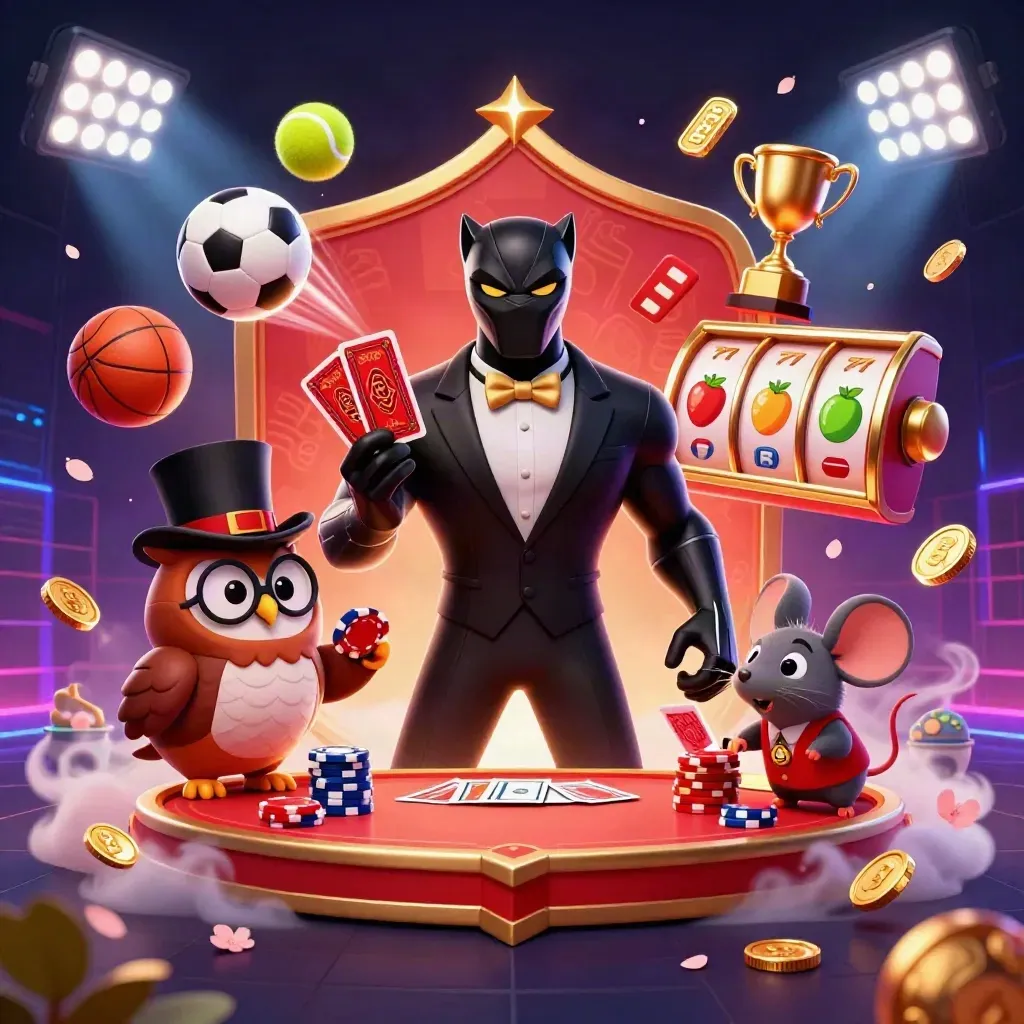 Panther, owl, and mouse casino heroes amid flying balls, coins, reels, and neon glow