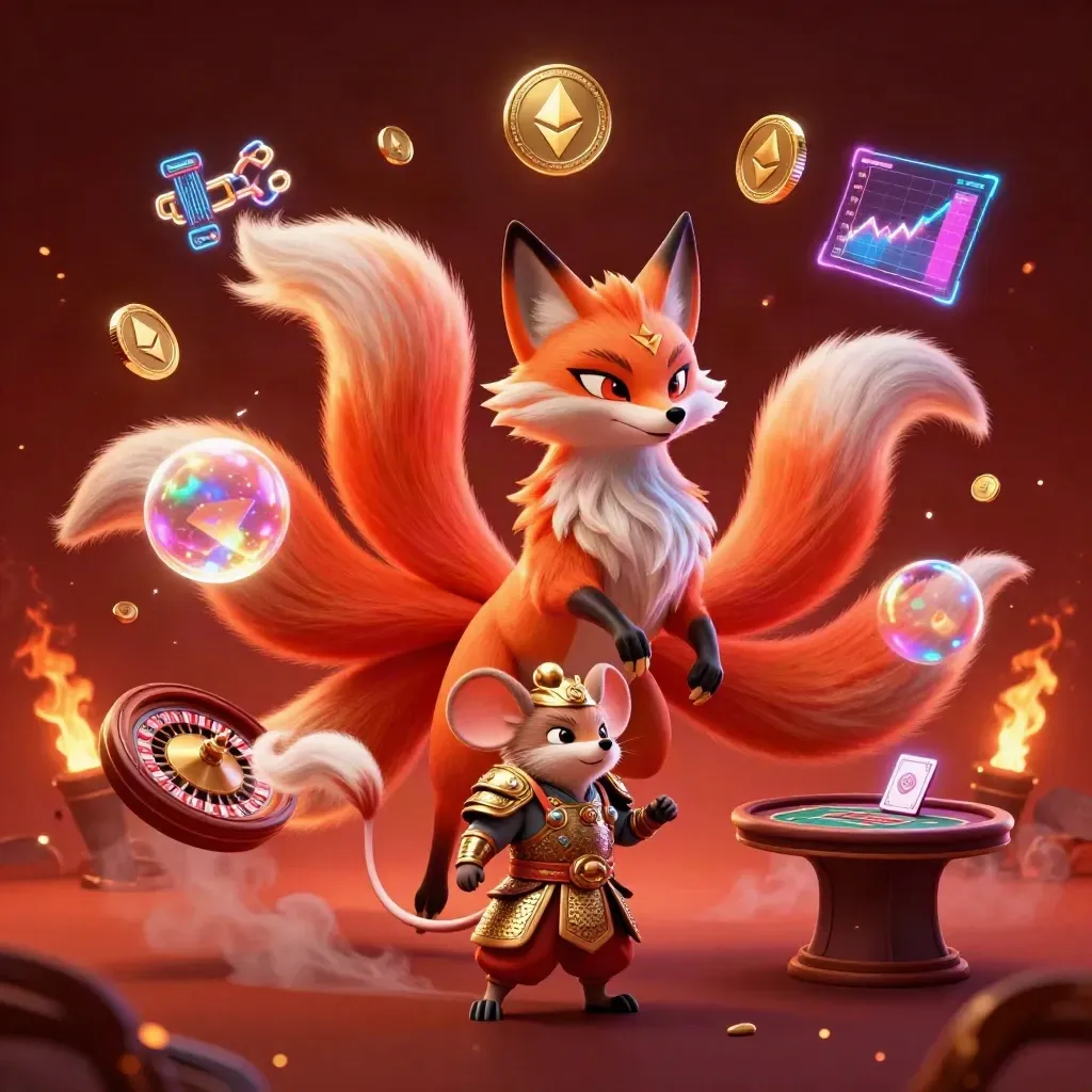 Neon nine-tailed fox spirit and armored mouse amid casino coins, roulette wheel, and glowing effects