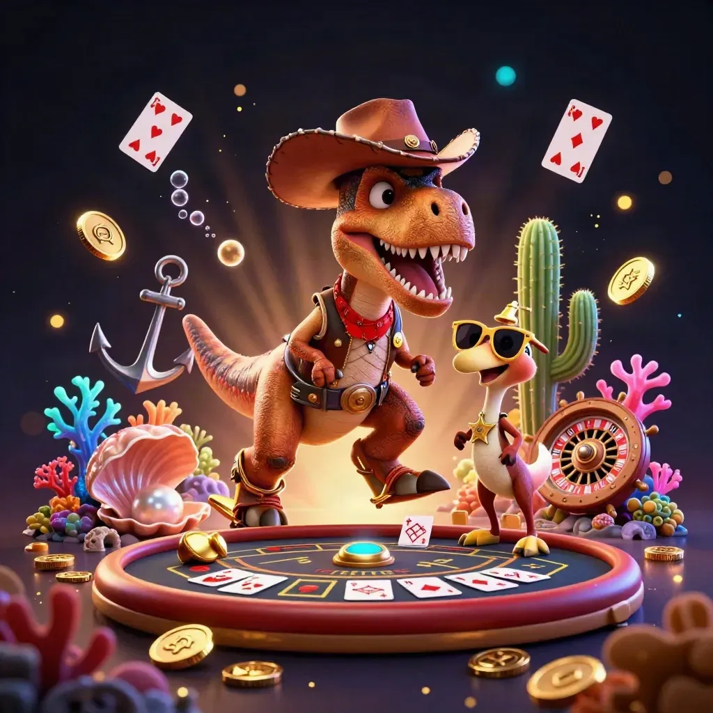 Cowboy T-Rex, cactus sidekick, and roadrunner in a glowing casino treasure cove.