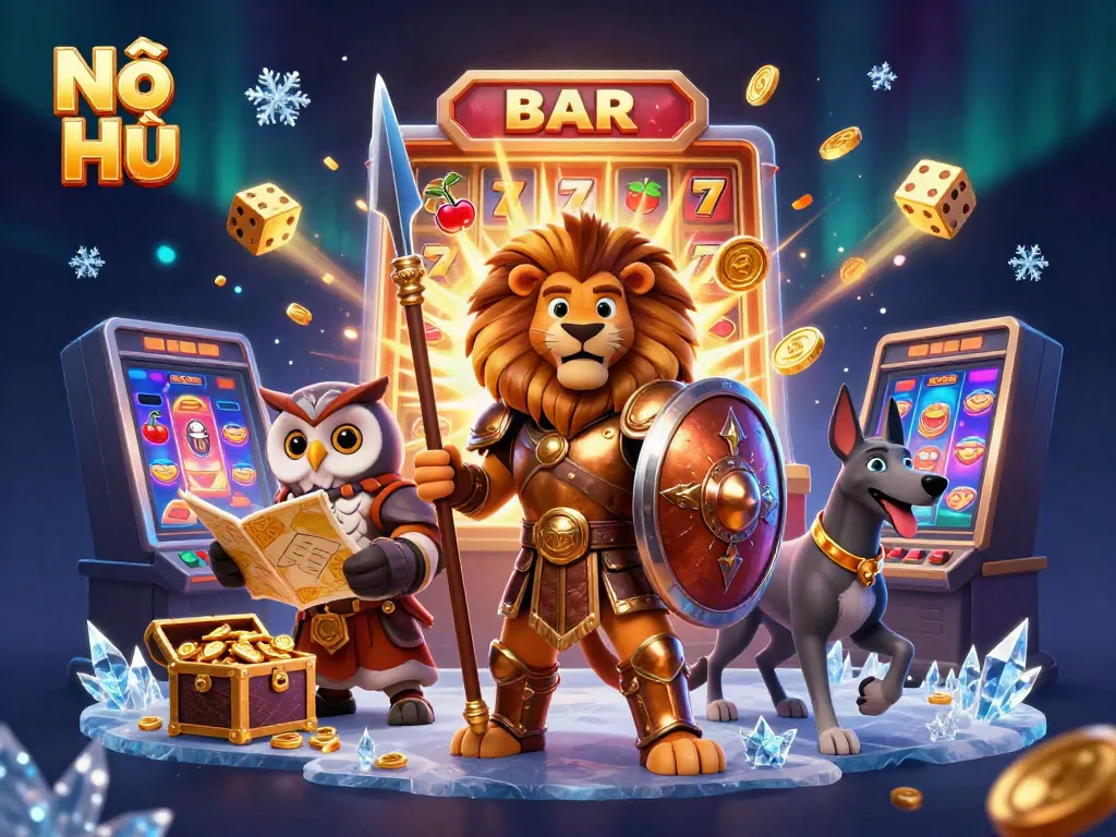 Win big with Nổ Hũ at this vibrant casino-themed 3D illustration featuring jackpot elements.