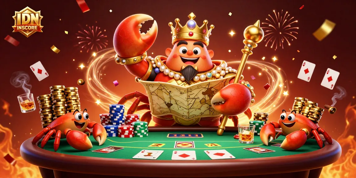 Experience thrilling gambling action at IDNSCORE with a cartoon crab emperor amidst poker elements.