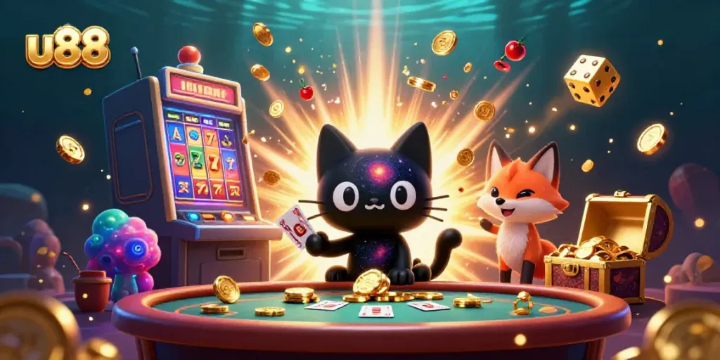 Experience thrilling u88 gaming with a cosmic black hole cat at a vibrant casino table.