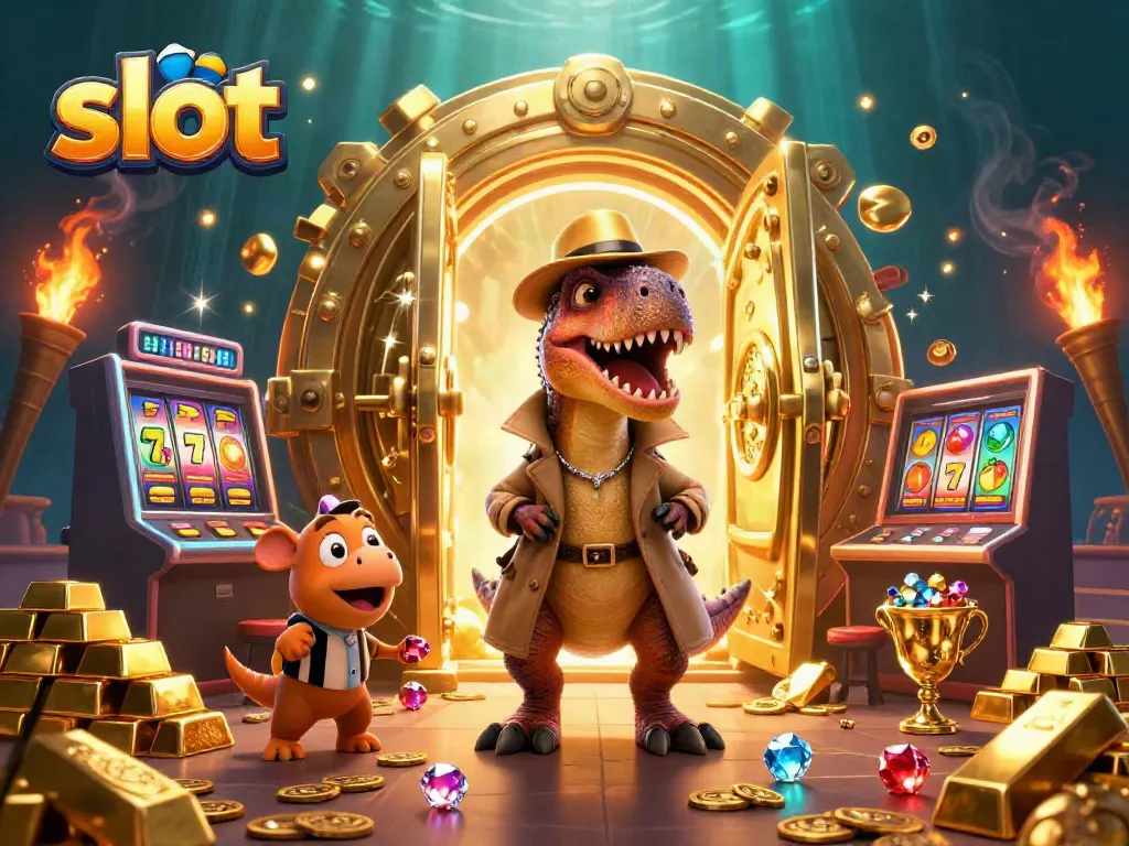 Engaging illustration of a velociraptor card counter at a slot machine table, with gold treasures and gems