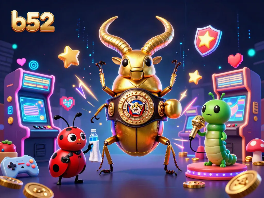 Play the b52 and win big with a dynamic scene of gaming excitement featuring cartoon beetles and casino elements.