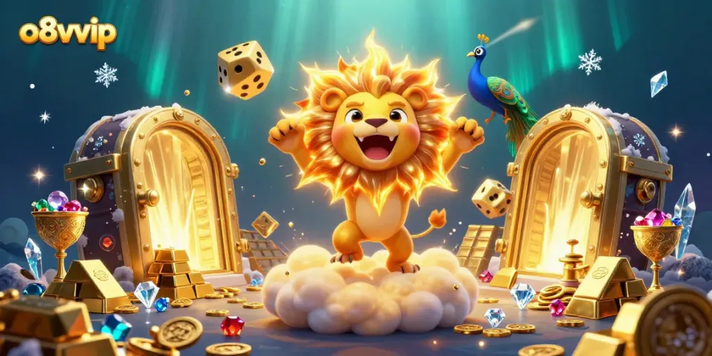 Experience exhilarating wins at o8vvip with a vibrant 3D casino illustration showcasing golden treasures and dynamic characters.
