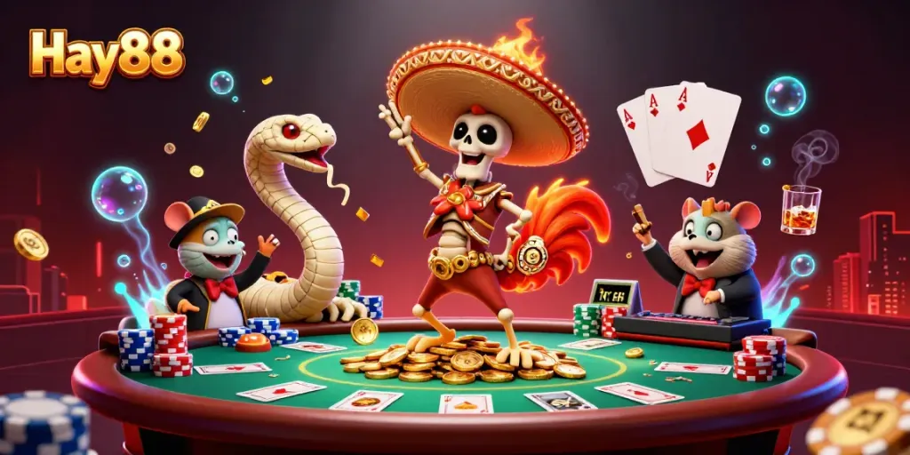 Hay88 offers a vibrant, animated casino scene with engaging characters and dynamic elements in this illustration.