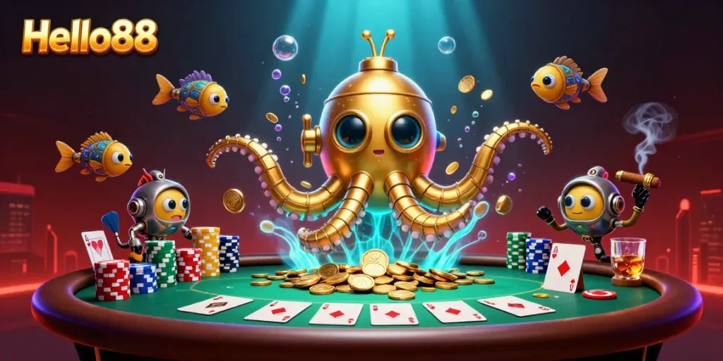 Experience thrilling gameplay at Hello88 with vibrant gold coins and a dynamic poker scene.