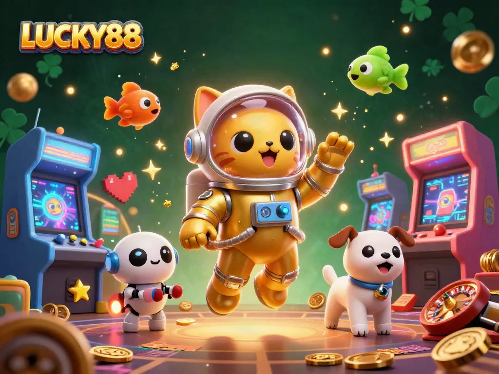 Experience high-stakes gambling with LUCKY88 in this vibrant 3D casino illustration.