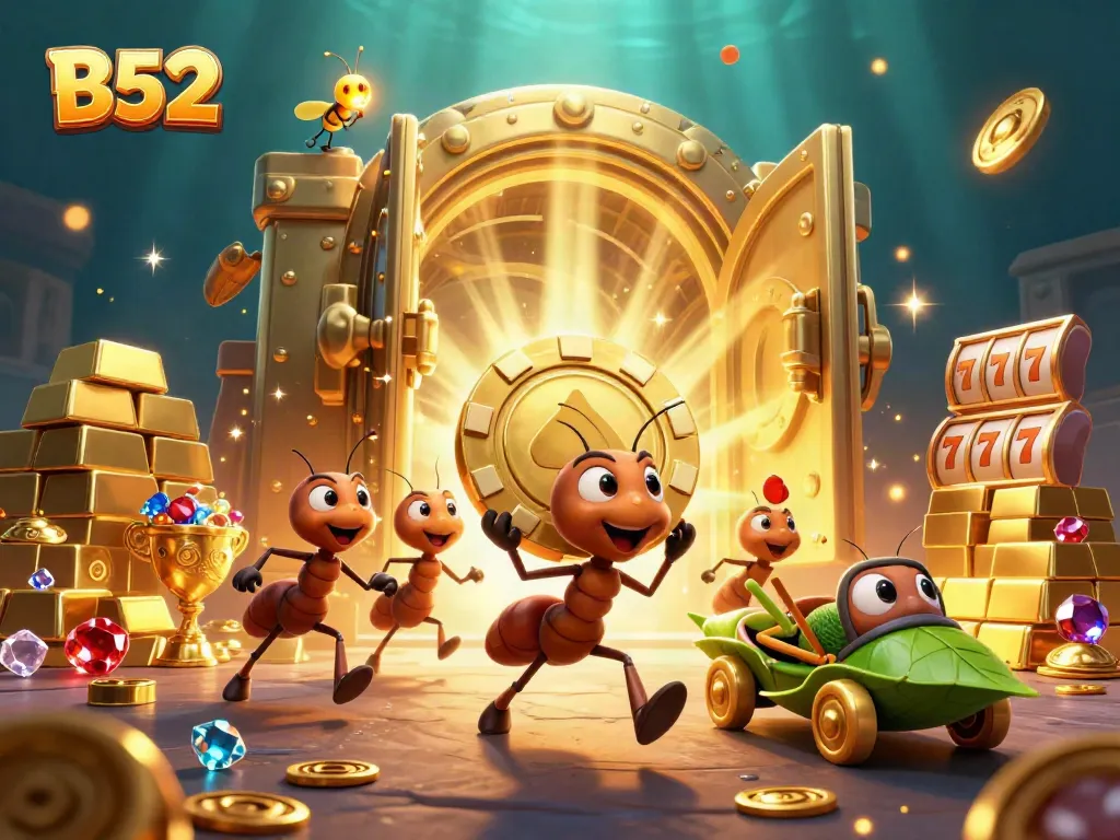 Experience the thrilling B52 heist with cartoon ants and vibrant casino elements in an immersive scene.