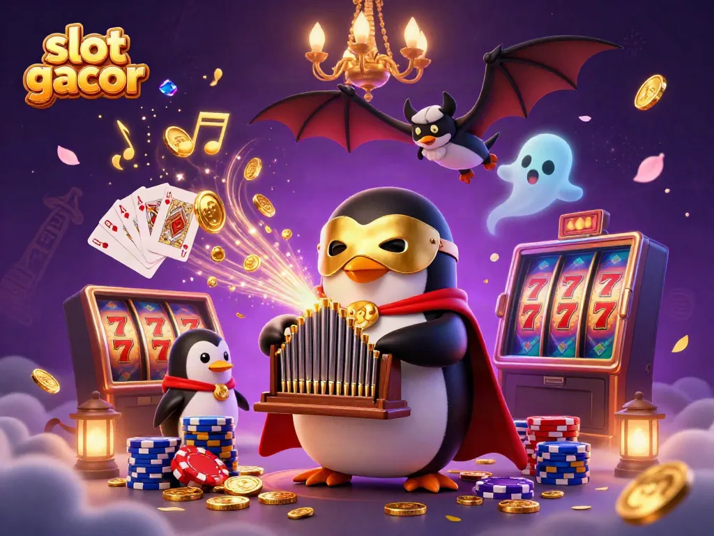 Experience the thrill of slot gacor with a dynamic 3D scene featuring a penguin organist and vibrant casino elements.