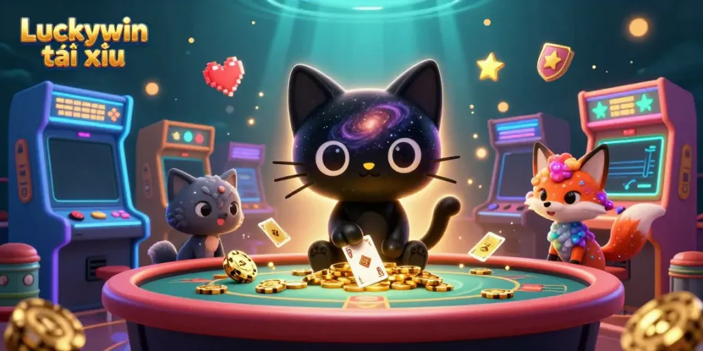Engaging scene showcasing Luckywin tài xỉu with a dynamic 3D cartoon black hole cat and colorful game elements.