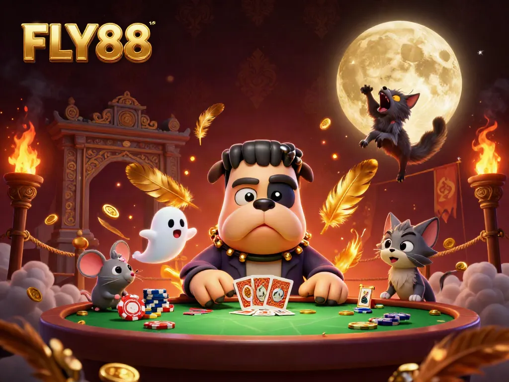 FLY88 features a cartoon bulldog dealer at a spooky casino scene, showcasing engaging gaming and festive elements.