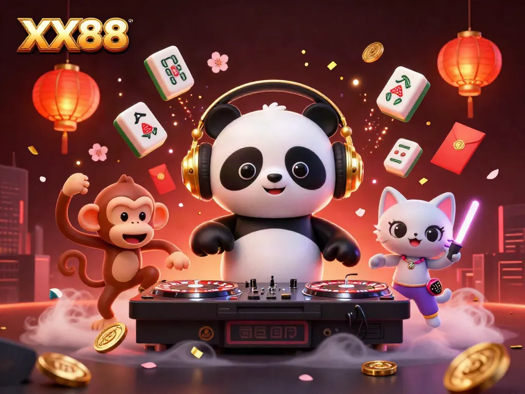 Experience the vibrant celebration at XX88, featuring a DJ panda, breakdancing monkey, and rave kitten in a lively casino scene.