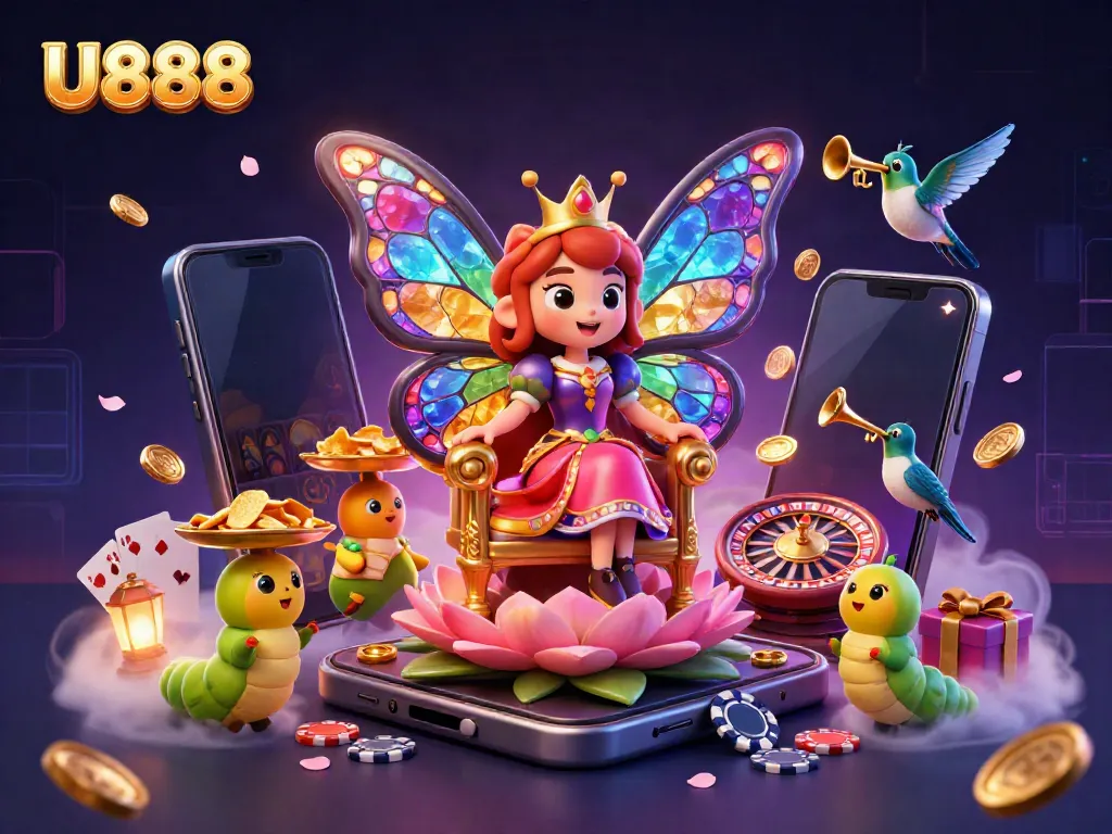 Experience the excitement of U888 through a vibrant 3D illustration of gaming elements and characters.