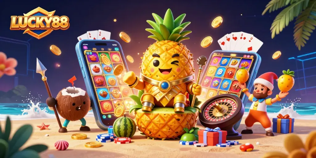 Engage with LUCKY88's vibrant 3D casino world featuring dynamic gaming elements and characters.